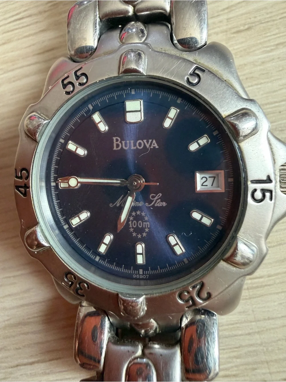 1997 Bulova Marine Star Watch 100m Blue Dial T7 96B07